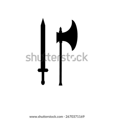 Vector silhouette of medieval weapons, sword and axe icon. Black illustration for battle, war, knight, fantasy, and ancient combat design elements