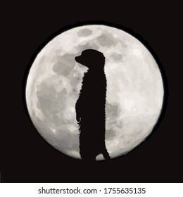 Vektorsilhouette aus Meercat auf Mondhintergrund. Symbol der Nacht.