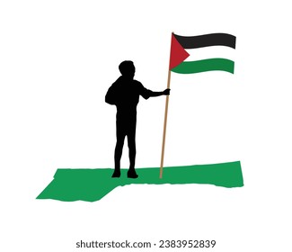 A vector of silhouette men holding waving Palestine flag on Gaza strip.