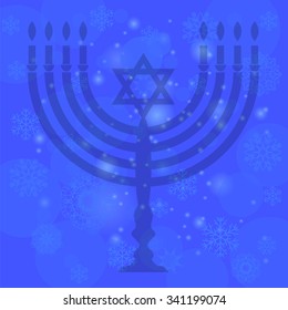 Vector Silhouette of Menorah Isolated on Blue Sky Background. Snow Flake Pattern. Symbol of Hanukkah