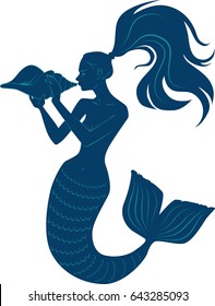 Vector silhouette of a mermaid blowing a conch shell horn, EPS 8 vector illustration