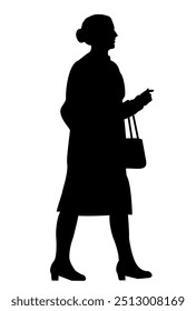 Vector silhouette of middle age woman on white background. Silhouette of a walking woman with a bag on a white background.