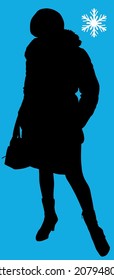 Silueta vectorial de una mujer de mediana edad con una chaqueta, sombrero, botas con una bolsa en la mano paradas frente a su largo