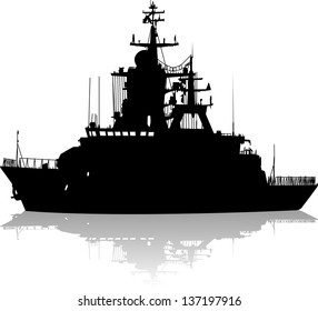 Vector Silhouette Of The Military Ship On A White Background