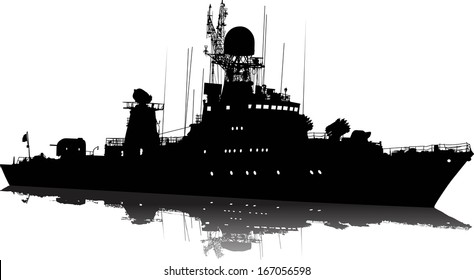 Vector Silhouette Of The Military Ship On A White Background