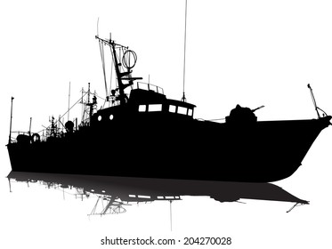 Vector Silhouette Of The Military Ship On A White Background