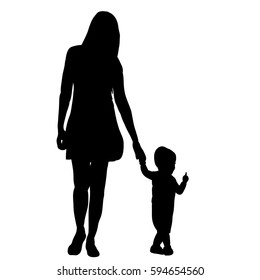 Vector, silhouette of mom walking by the hand with the child in isolation