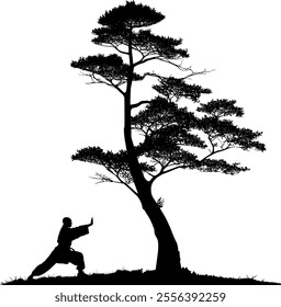 Vector silhouette - monk doing exercises in front of a big tree - body and mind in harmony with nature - design element - meditation and balance