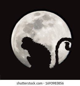 Vector silhouette of monkey with moon background. Symbol of night.