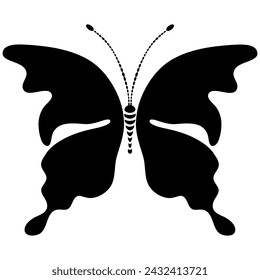 Silueta vectorial de mariposa estilizada negra dibujada a mano monocroma aislada sobre fondo transparente
