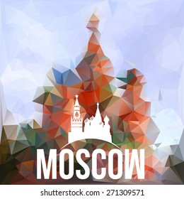 Vector silhouette of Moscow on polygonal background. Low poly pattern wit the Cathedral of Vasily the Blessed. The symbol of Russia