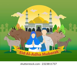 vector silhouette moslem couple praying apologizing goat cow ox qurban in mosque light cloudy yellow sky celebrating happy eid al adha mubarak flat style