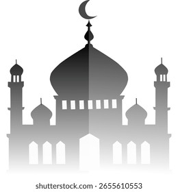 A vector silhouette of a mosque with domes and minarets, perfect for Islamic designs, Ramadan greetings, Eid celebrations, or cultural themes. Editable EPS format for versatile use in print and digita