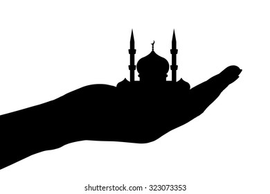 Vector silhouette of a mosque held by hand.
