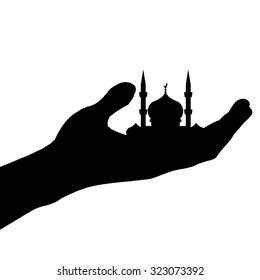 Vector silhouette of a mosque held by hand.