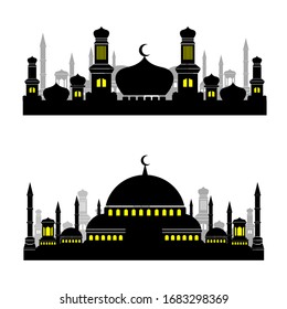 vector silhouette of a mosque with lighted windows. objects suitable for Islamic content.