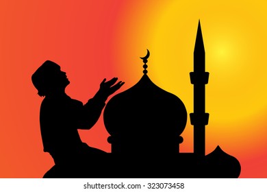 Vector silhouette of a mosque with man at sunset.