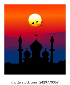 vector silhouette of a mosque at night, concept of a Ramadan mosque at night with the light of the full moon, flying birds, with a clear night sky as a background, with gradient colors.