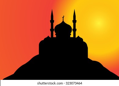 Vector silhouette of a mosque on a hill at sunset.
