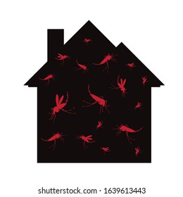 Vector silhouette of mosquito at home mark on white background. Symbol of stop annoying insect and infested house.