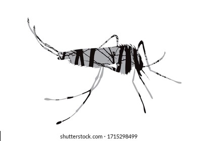 Vector silhouette of mosquito with trees on background. Symbol of insect.