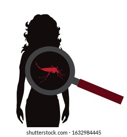 Vector silhouette of mosquito under magnifying glass sitting on person on white background. Symbol of insect who annoying people.