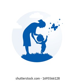 Vector, silhouette of mother and baby. Mom and son look at a butterfly