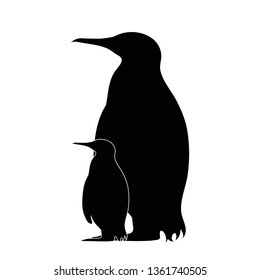 Vector silhouette of penguin´s mother with baby penguin. Symbol of animal.