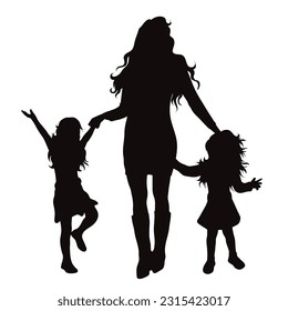 Vector silhouette of mother with daughters on white background.