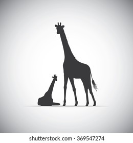 Vector silhouette of mother giraffe with her baby 