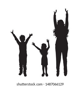 Vector silhouette of mother with her children on white background. Symbol of family, daughter, son, siblings, happy.