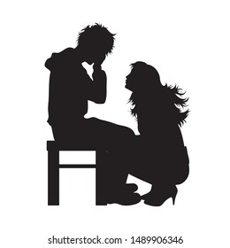 Vector silhouette of mother with her crying son on white background. Symbol of family, mother, boy.