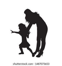 Vector silhouette of mother with her daughter on white background. Symbol of family, child, maternity.