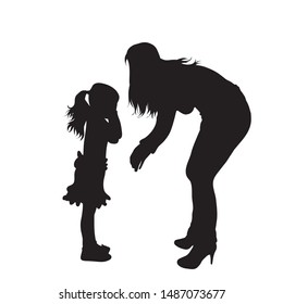 Vector silhouette of mother with her daughter who cry on white background. Symbol of family, child, maternity, sad.