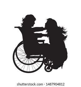 Vector silhouette of mother with her daughter who is on wheelchair on white background. Symbol of family, daughter, maternity,care, healthy,disabled, handicap.