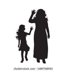 Vector silhouette of mother with her daughter on white background. Symbol of family, daughter, maternity.