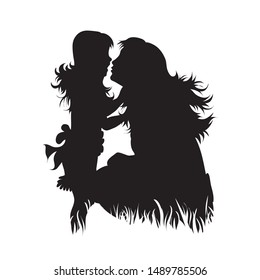 Vector silhouette of mother with her daughter in the grass on white background. Symbol of family, mother.