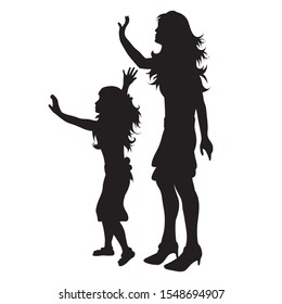 Vector silhouette of mother with her daughter on white background. Symbol of family, child, siblings, sister, maternity, salute, wave.