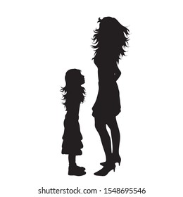 Vector silhouette of mother with her daughter on white background. Symbol of family, child, maternity, sister, siblings.
