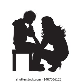 Vector silhouette of mother with her son who cry on white background. Symbol of family, child, maternity, sad.