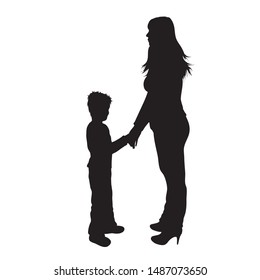 Vector silhouette of mother with her son on white background. Symbol of family, child, maternity.