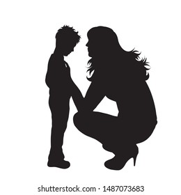 Vector silhouette of mother with her son who cry on white background. Symbol of family, child, maternity, sad.