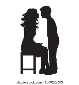 Vector silhouette of mother with her son on white background. Symbol of family, boy, love, home, care, kiss.