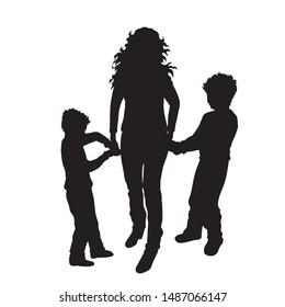 Vector silhouette of mother with her sons on white background. Symbol of family, child, maternity, annoy,brat, irritate.