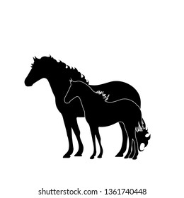 Vector silhouette of horse´s mother with small foal. Symbol of animal.