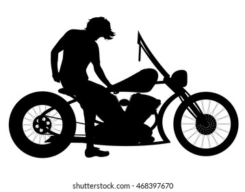 vector silhouette motorcycle and man on white background