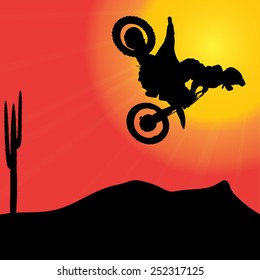 Vector silhouette of a motorcycle at sunset.