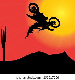 Vector silhouette of a motorcycle at sunset.