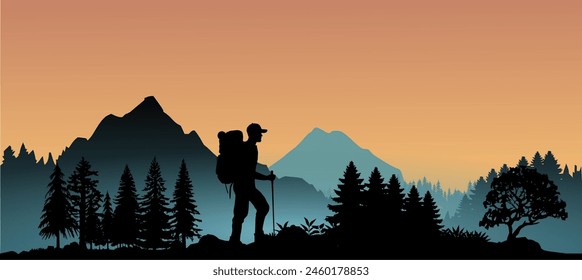  Vektorgrafik Silhouette Mountains Wanderer in der Natur - Abenteuer Wandern im Wald und in den Bergen - Wildnis Camping