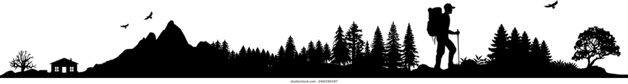  Vector silhouette mountains hiker in nature - adventure hiking in the woods and mountains - wilderness camping